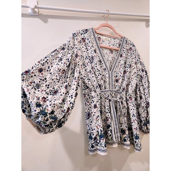 MAXSTUDIO Floral Blouse Tie Waist‎ Balloon Sleeve V Neck Boho Rayon Top - Picture 2 of 10